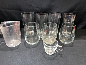 Lot of 8 various Sized Glasses 1 Plastic Measuring cup
