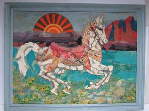 lot 56 image: Very Cool LARGE Vintage Mixed Media Painting wHorse - Signed Hoffner