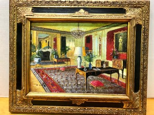 lot 269 image: Lovely Original Oil on Canvas Interior Parlor Room Painting