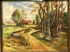 lot 270 image: Very Nice Signed Vintage Original Watercolor Country Road Farm Scene Painting 