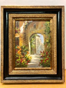 lot 272 image: Deep Framed Vintage Oil on Canvas Archway Garden Scene Painting