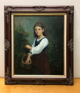lot 274 image: ..Excellent Signed Oil on Canvas Portrait Painting -Young Woman w Basket