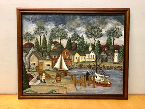 lot 275 image: Great Looking Folk Art Signed Harbor Scene Painting