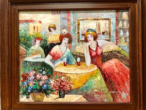 lot 276 image: Very Nice Original Oil on Canvas Painting - Ladies Having Drinks - Signed K. Barnes