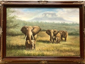 lot 277 image: LARGE Framed Original Oil on Canvas Painting wElephants