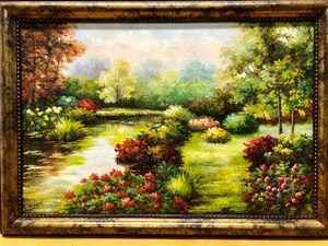 lot 278 image: Large & Beautiful Signed Oil on Canvas Flower Garden Scene Painting