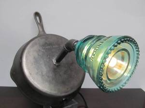 lot 213 image: Awesome Vintage Cast Iron Skillet Wall Sconce Lamp