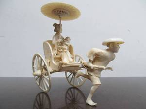 lot 225 image: Old Vintage Chinese Carved Bone Rickshaw wFigures