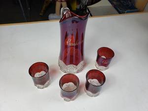 lot 22 image: Ruby Red Crystal Pitcher and Cups - Cumberland Souvenir