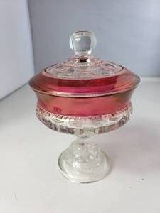 lot 31 image: Vintage Kings Crown Ruby Thumbprint Candy Dish