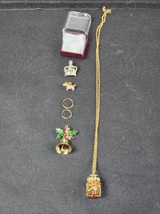 lot 140 image: Crown Lapel Pin, Christmas Bell Pin and More
