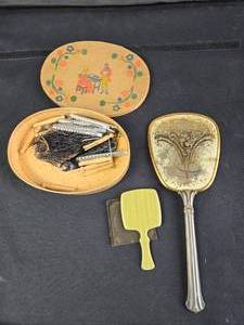 lot 153 image: Vintage Oval Wood Box and 2 Vintage Hand Mirrors