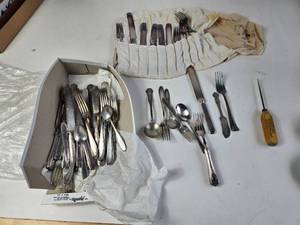 lot 307 image: Silver Plate Silverware and Ice Pick