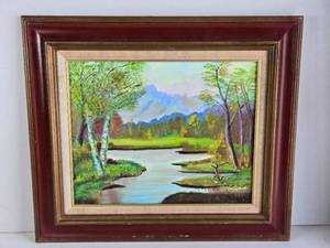 lot 377 image: Painted Picture of a Stream and Trees with Mountains Distant
