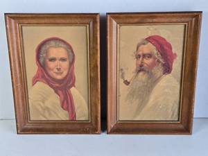 lot 381 image: Old Woman of Capri by Sydney Bell & Contented Man by Eduardo Forlenza Textured Prints in Wood Frames - 1940s Era