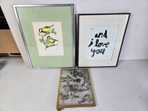 lot 386 image: Various Art Wall Pieces Birds, I Love You, Boy Playing