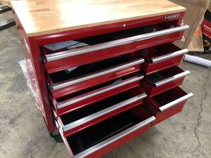 Husky 42 in. W x 18.1 in. D 8-Drawer Red Mobile Workbench Cabinet with Solid Wood Top     Customer Returns See Pictures