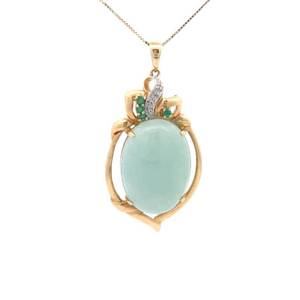 Oval Jade Cabochon, Emerald &amp Natural Diamond Ornate Vintage Drop Pendant in 14k Yellow Gold