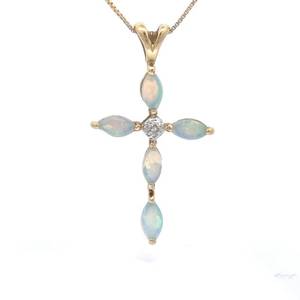 Marquise Cabochon Opal & Diamond Accent Cross Pendant in Yellow Gold