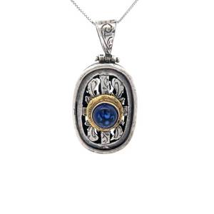 Lab-Created Blue Sapphire Ornate Openwork Two-Tone Oblong Oval Pendant