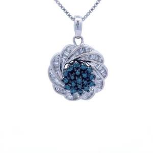 Fancy Blue Diamond Flower Cluster & Baguette Cut Diamond Twisted Wreath Pendant Necklace
