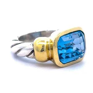 Blue Topaz East West 14k Yellow Gold Solitaire Bezel Twisted Rope Two-Tone Ring $1,799 Retail VIDEO