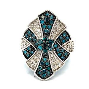 1.25 Carat Fancy Blue & White Diamond Pave Flower Shield Antique Style Ring Retail Tag $1,270 VIDEO