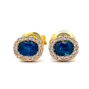 Oval Blue Sapphire & Diamond Classic Halo Cluster Stud Earrings in 14k Yellow Gold