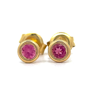 Pink Tourmaline Round Solitaire Bezel Stud Earrings in 14k Yellow Gold VIDEO