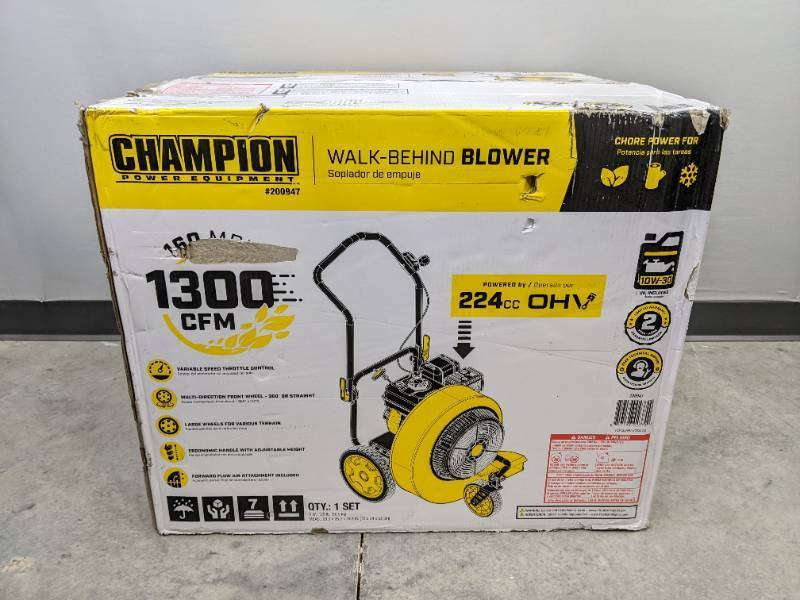 lot 12 image: Brand New Champion Power Equipment 160 MPH 1300 CFM 224 cc Walk-Behind Gas Leaf Blower with Swivel Front Wheel and 90-Degree Flow Diverter $499 Retail N