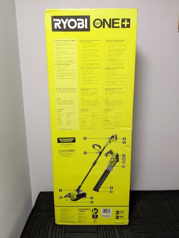 lot 36B image: Brand New Ryobi ONE 18V Cordless Battery String TrimmerEdger and Jet Fan Blower Combo Kit with 4.0 Ah Battery and Charger $229 Retail N