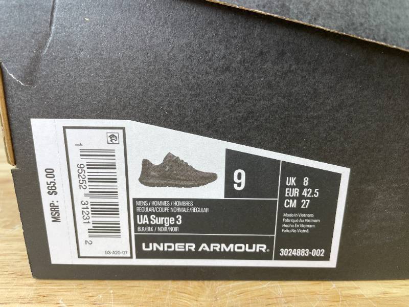 lot 100A image: Brand New Under Armour UA Surge 3 Black Athletic Shoes Mens 9 X