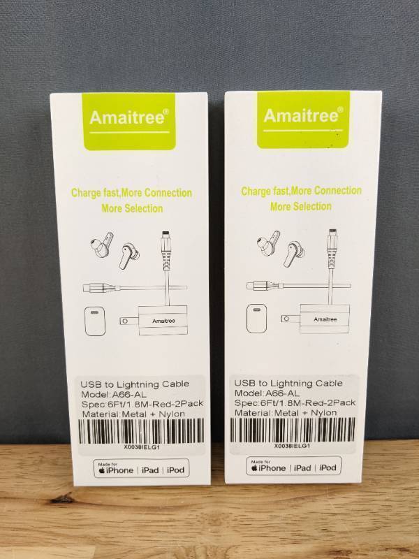 lot 61B image: 2 Brand New Amaitree Lightning Cables (4 total), 6Ft - 2Packs Apple MFi Certified 3A Fast Charging iPhone Charger Cable, iPhone USB to Lightning Cable for iPhones Red F