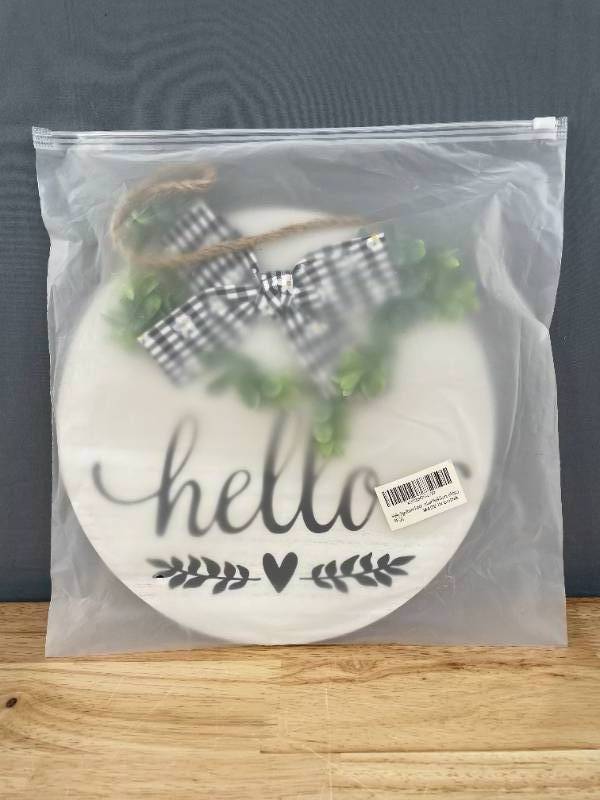 lot 64A image: Brand New Hello Sign Rustic Front Door Hanging Wall Decor, Round Wood Sign Farmhouse Spring Welcome Sign for Front Porch (White) F