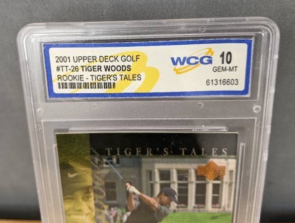 lot 38B image: WCG Graded 10 Tiger Woods 2001 Upper Deck Golf Rookie Tigers Tales Card #TT26 V