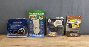 lot 132 image: Lot of 4 New ToolsGadgets Chamberlain Garage Door Replacement Safety Sensors, LiftMaster Garage Door Monitor, Wiper Wizard and Ice Eliminator Birdbath De-Icer H