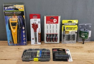 lot 61 image: Brand New Zircon Multifunction Wall Scanner, Diablo Speed-Tip, 4-Piece Pick and Hook Set, Performax 13 Magnetic Drive Guide Set, Metal Hole Saw, 33 Piece Phillips #2 Screwdriver Bit Set and 10 Maxtech Assorted Double-Ended Drive Bits H