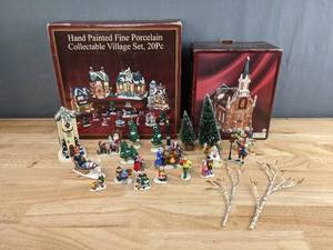 lot 73 image: Vintage Hand Painted Fine Porcelain Christmas Village 20 Pc. and Church H