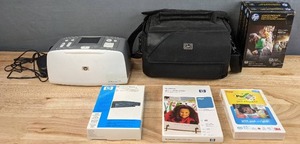 lot 97 image: HP Photosmart 385 Compact Photo Printer, Case, HP Internal Battery, HP Photo Paper and More H