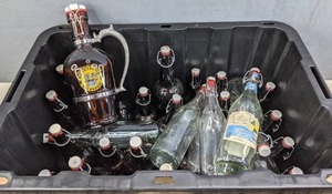 lot 165 image: Assortment of 33 Vintage Glass Beer Bottles with Flip Top Lids H