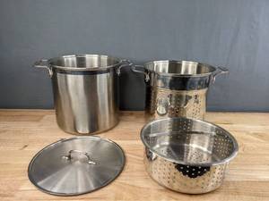 lot 109 image: 4-Piece All-Clad Cooker Stock Pot, Pasta Colander, Steamer Basket, and Lid H