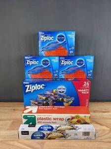 lot 108 image: Brand New Assorted Food Storage Items - Ziploc Freezer Baggies and Plastic Containers, Plastic Wrap, Aluminum Foil H