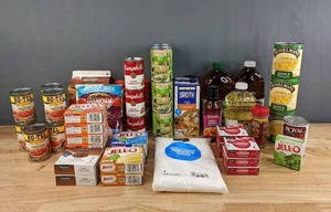 lot 137 image: Assortment of Nonperishable Foods Jell-O, Campbells, Ro-Tel, Powdered Sugar, Canned Vegetables, Peanut Oil, Pie Filling, Chicken Broth, Idahoan and More H