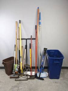 lot 161 image: Assorted Garage Items - Rakes, Bins, Brooms, Ice Scraper, and more H