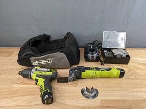 lot 77 image: Rockwell 3RILL RK2515K2 3-In-1 Impact Driver Cordless Drill and Rockwell RK2522K2 Sonicrafter Cordless Oscillating Tool with Universal Fit System H