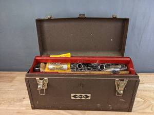 lot 169 image: Toolbox with Assorted Items - Clamps, Socket Wrenches, Alumaseal Radiator Stop Leak, and More H