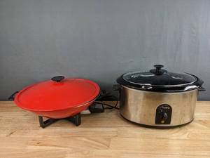 lot 162 image: West Bend Red Electric Wok with Lid and West Bend The Crockery Cooker Slow Cooker H