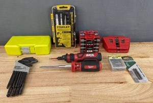 lot 70 image: SKIL Cordless Electric Screw Driver, Milwaukee Driver, Insert Bits, Impact Power Bits, 13-P.c. Ball End Hex Key Set, MetricSAE Nut Driver Sets, Stanley Hobby Knife Set, Ryobi Drill and Impact Drive Kit H