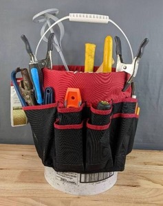 lot 71B image: Husky Bucket Jockey Organizer with Various Tools, Level, Pipe Wrench, Measuring Tape, Hammer, WireCable Marker, Etc. H