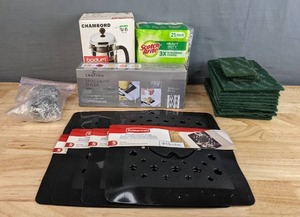 lot 143 image: New Rubber Maid Sink Mats, Scrub Sponges, Chambord Coffee Maker, Crofton Mandoline Slicer, Etc. H